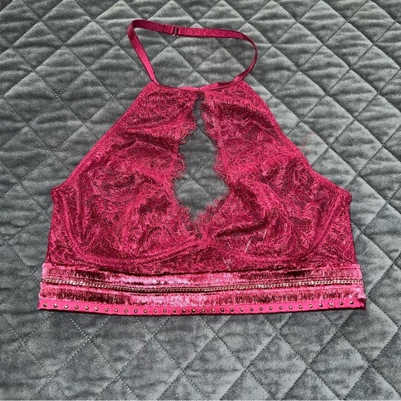 Victoria Secret bralette bra Women Medium Lace Burgundy Halter Sheer Keyhole b14 - Picture 1 of 8